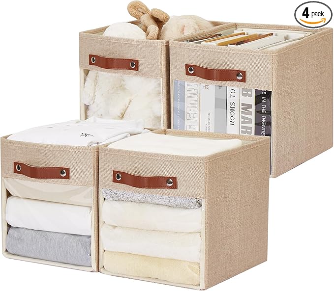 Storage Cube Organizer with Clear Window, Linen Collapsible Storage Boxes with PU Handles, Cube Storage Bins for Shelf, Closet, Cabinet, Bookcase (10.5x10.5x11, Khaki)