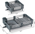 Urackify Stainless Steel Dish Drying Rack - Dish Drainer for Kitchen Counter, Extendable Drainboard with Foldable, Space-Saving Cup & Bowl Organizer, Includes Knife and Utensil Holder, Matte-Green