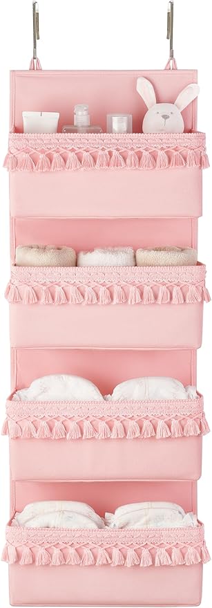 Dahey Over The Door Organizer Boho Nursery Storage Decor Closet Hanging Organizer with Tassels Decoration for Bedroom Nursery Bathroom Apartments Dorm Pantry, 4 Pockets, Pink
