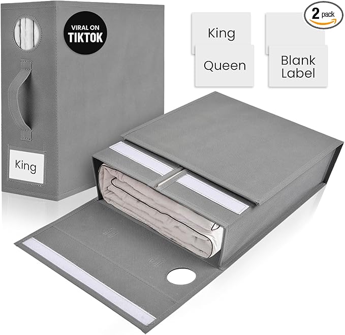 2 Pack Bed Sheet Organizer and Storage, Foldable Storage Organizer for Linen Closet with Viewing Window & Label for Bedding Sheets & Blankets (Queen & King Size) Gray