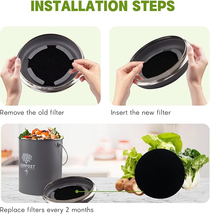 6 Pack Charcoal Filters for Compost Bin Bucket, 5 Inch Round Activated Carbon Charcoal Replacement Filters for Kitchen Countertop and Home Bucket Compost Bin (Refill, Odor Eliminating)