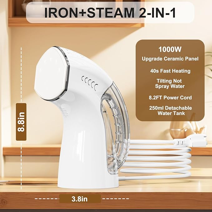 Steamer ＆ Iron 2 in 1 for Clothes, Ceramic Panel, Intelligent Chip Controls Soft Steam (Tilting Not Spray Water), 250ml Water Tank, 8.2FT Power Cord,1000W Portable Handheld Steam Iron (white)