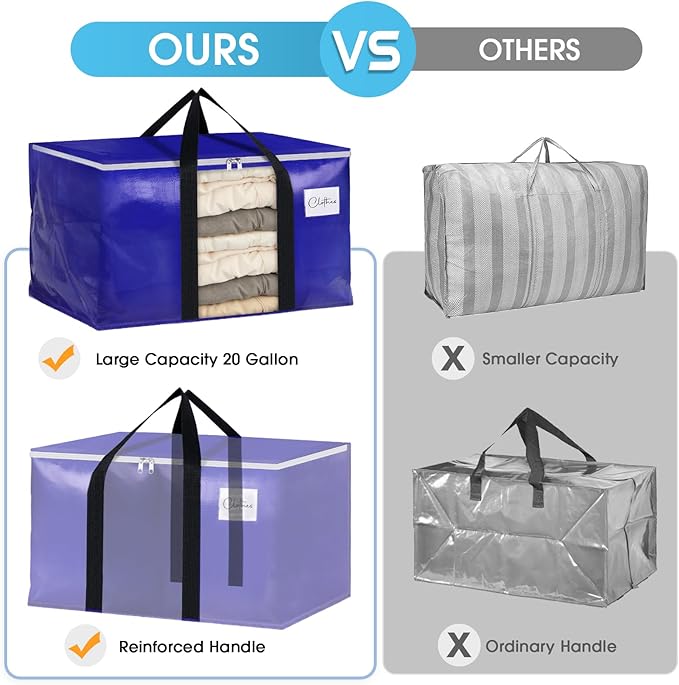 BlissTotes 10 Pack Moving Bags with Clear Window, Storage Bags with Strong Carrying Handles & Zippers,Large Packing Bags for Saving Space, Alternative to Moving Boxes(Blue,20 Gallon)