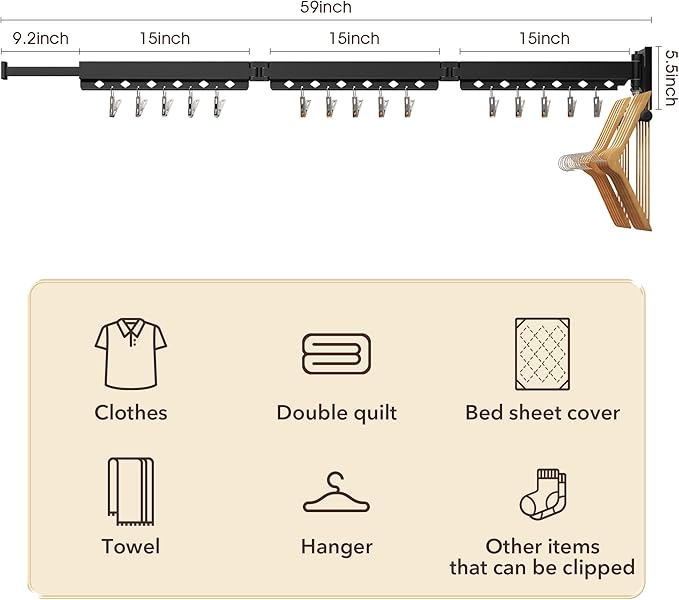 Wall Mounted Clothes Hanger, Aluminum Clothes Drying Rack, Space Saver, Retractable, Windproof Holes, with Clips