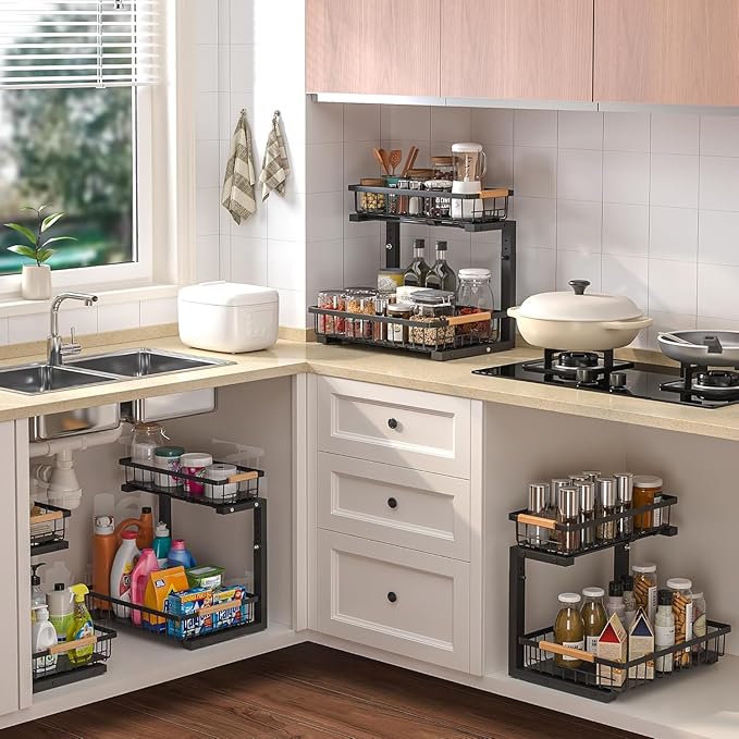 Under Sink Organizer Storage 1 pack, 2 Tier Slide Out Height Adjustable Pull Out Cabinet Organizer Drawers, Kitchen Bathroom Large Capacity Metal Under Sink Rack Caddy Basket Shelves, Black