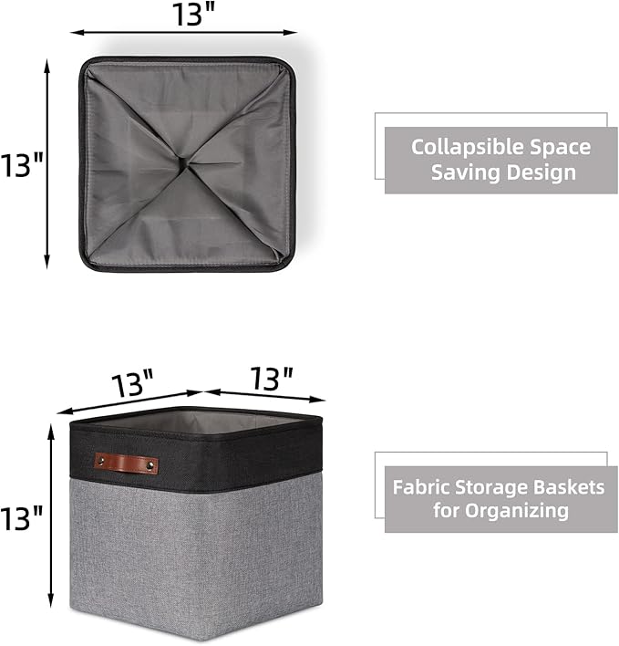 HNZIGE 13x13x13 Storage Baskets (4 Pack) Large Fabric Storage Cubes for Shelves, Storage Cube Bins for Gift with Leather Handles for Home, Kids Room, Closet (White&Black)