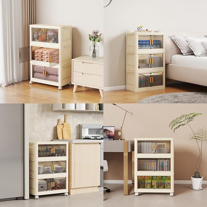 3 Tier Stackable Plastic Storage Bins with Lids 48QT, Collapsible Closet Organizers and Storage with Wheels for Living Room,Office,Dorm