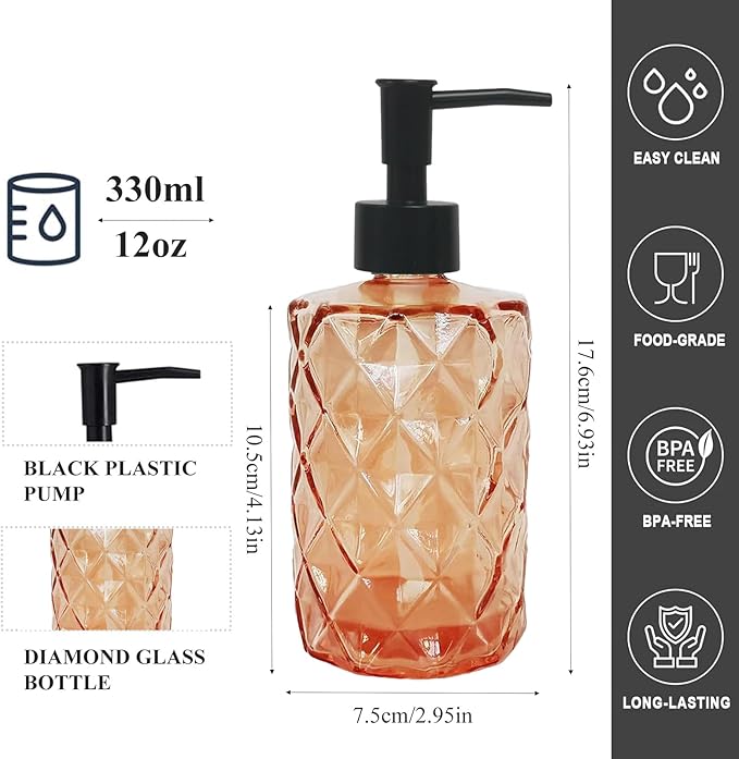 12Oz Small Glass Soap Dispenser with Black Plastic Pump, Amber Refillable Kitchen Countertop Liquid Hand Soap Dispensers with Diamond Design, Crystal Bathroom Lotion Bottle for Dispense Dish Soap