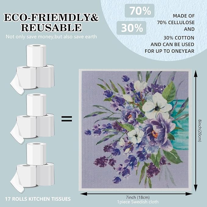Swedish Kitchen Dish Cloths - 6 Pack Reusable Paper Towels for Counters & Dishes - Eco Friendly Cellulose Sponge Cloth - Assorted (Flower)