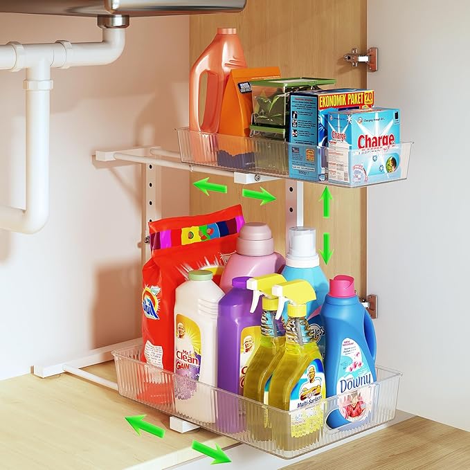REALINN Under Sink Organizer, Height Adjustable Under Sink Organizers and Storage, 2 Tier Pull Out Drawer Cabinet Storage for Kitchen Bathroom, 1 Pack, Clear