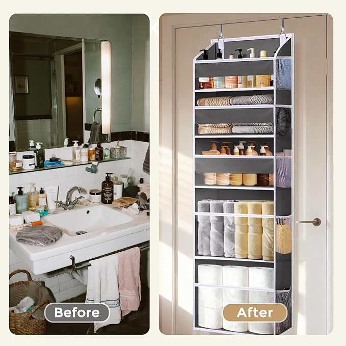 5 Tiers Over Door Organizer with 10 Mesh Side Pockets, 50 lbs Weight Capacity Hanging Storage Organizer with Clear Window Kids Toys, Shoes, Diapers, Dark Gray