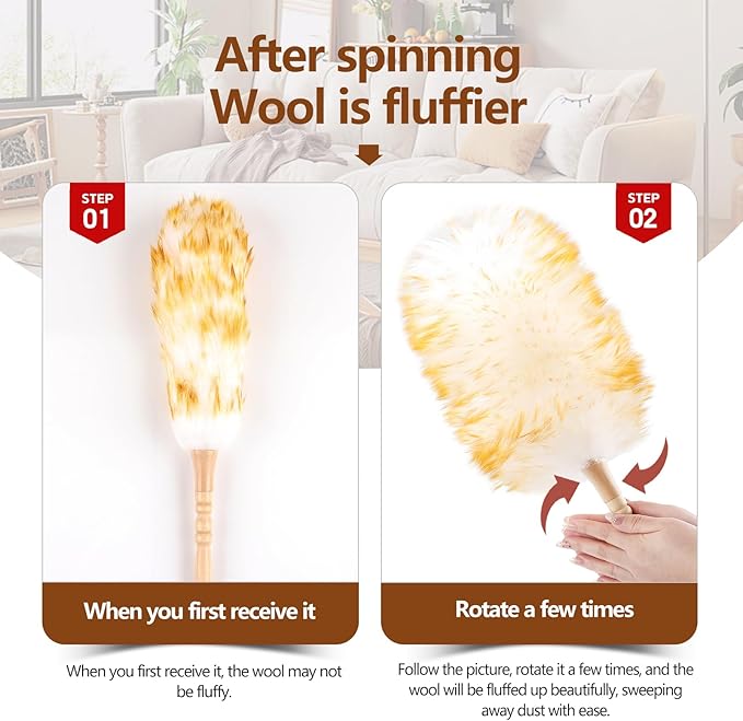 Lambswool Duster for Cleaning with Solid Wooden Handle Leather Hang Strap 19.6 inch Natural Feather Duster for Cleaning Ceiling Fans Window Blinds Computer Furniture(2 Pack)