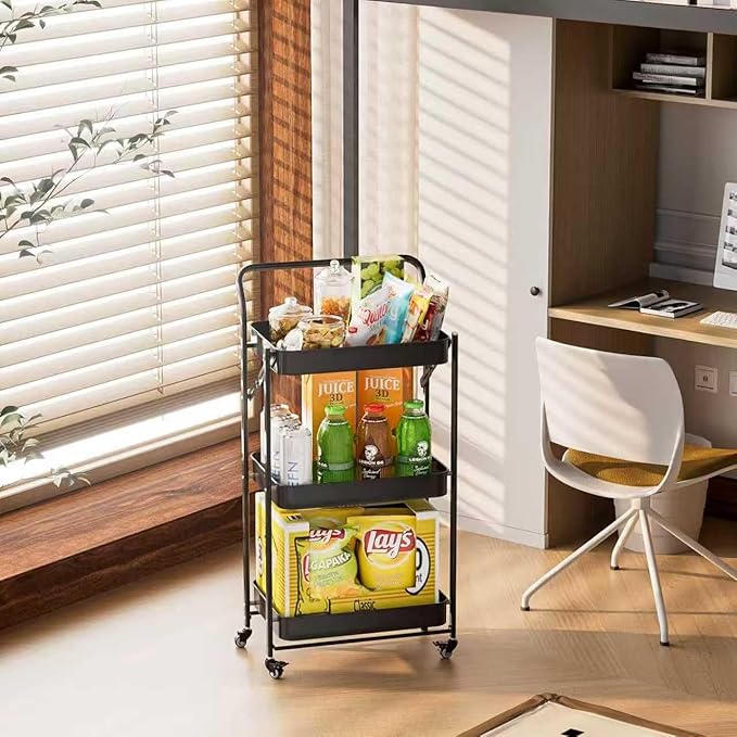 JAQ Foldable Rolling Cart, 3-Tier Metal Folding Storage Utility Carts Basket Rack with Removable Handle on Wheels for Snacks Books Fruits for Kitchen Dorm Pantry Bathroom - (Black, 3-Layer)