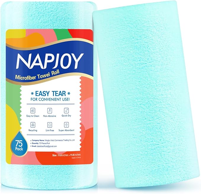 Napjoy Microfiber Cleaning Cloth Roll, 75PK Easy Tear Away Reusable Paper Towels, 12" x 12", Ultra Soft Micro Fiber Dish Cloths for Kitchen, Housekeeping, Window, Car, Garden, Bathroom, Blue