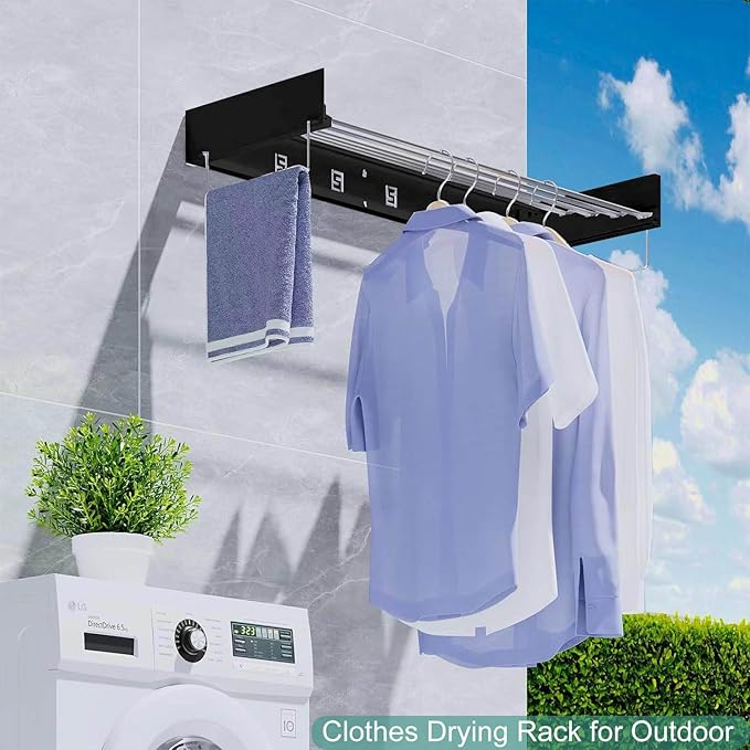 Wall Mounted Laundry Rack, Collapsible Clothes & Towel Drying Rack for Indoor & Outdoor, 60 lb Capacity, 31.5' Wide, 13.5 Linear Ft, Black