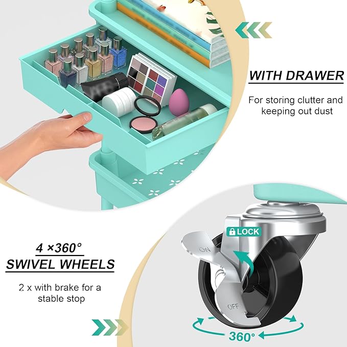 Goovilla 4 Tier Rolling Utility Cart Organizer with Removable Drawer, Stable and Sturdy Blue Rolling Storage Carts with 2 Lockable Wheels for Bathroom, Kitchen, Snack, Craft, Makeup, Baby Essentials