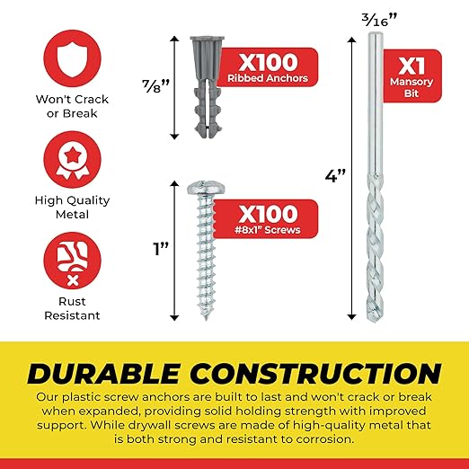 Qualihome Ribbed Plastic Drywall Anchor Kit - Wall Anchors and Screws for Drywall Includes Anchors, & Screws, 1 Masonry Drill Bit - Mounting Tolls for Decor, Furniture, Shelving (6-8 x 7/8")