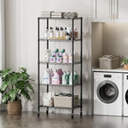 SINGAYE 5 Shelves Storage Shelf Wire Closet Bathroom Organizers Metal Pantry Kitchen Garage Shelving Unit Laundry Room Organization Home Rack Net Basket Black with Wheels