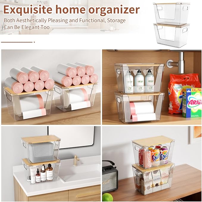 2 Set Stackable Storage with Bamboo Top for Laundry Room Organization, Extra Large Trash Bag/Garbage Bag Dispenser, Under Sink Organizer, Pantry Organizers