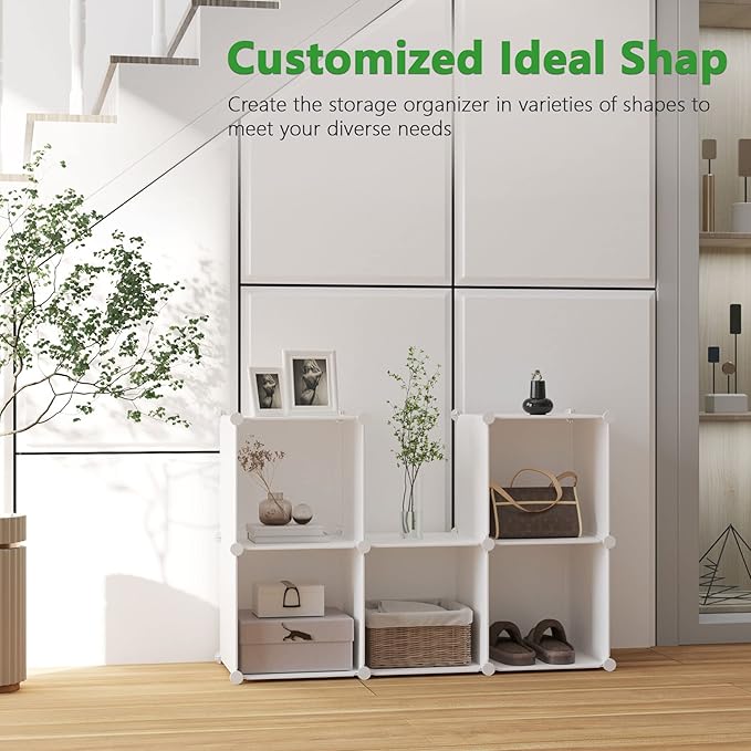 C&AHOME 6-Cube Storage Organizer, Stackable Storage Cubes Shelves, Portable Bookshelf, Plastic Clothing Storage Closet Organizer, DIY Modular Shelving Units for Wardrobe, Home, Milky