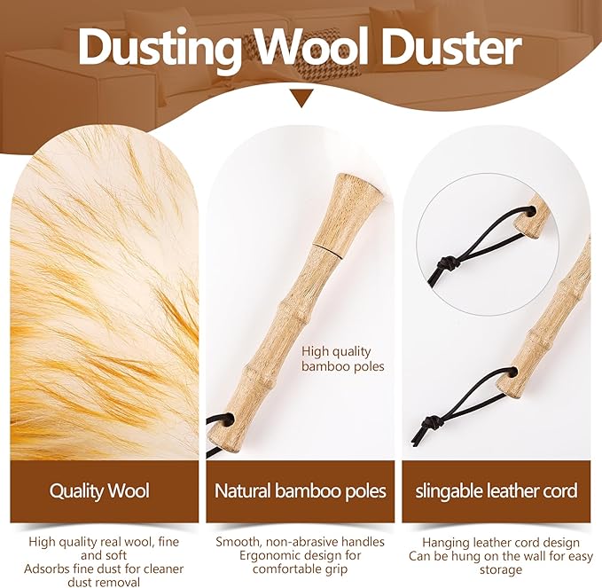 Lambswool Duster for Cleaning with Solid Wooden Handle Leather Hang Strap 14.9 inch Natural Feather Duster for Cleaning Ceiling Fans Window Blinds Computer Furniture(2 Pack)