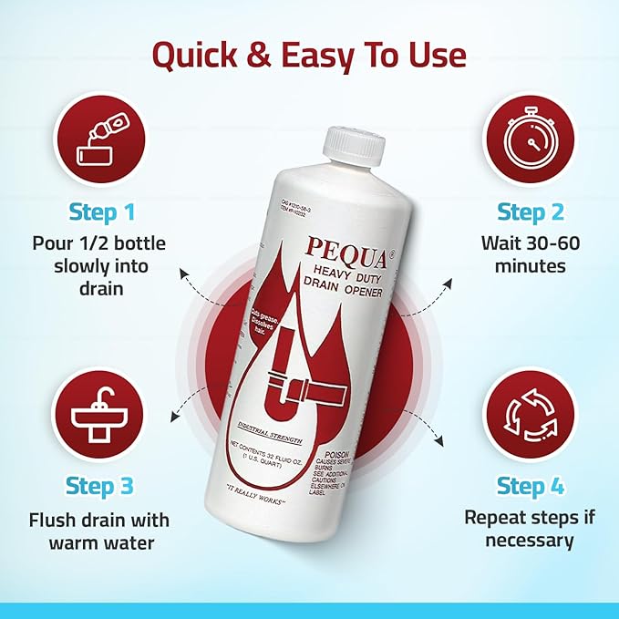 PEQUA INDUSTRIES Pequa Heavy Duty Drain Opener, Non-Acid, Fast-Acting Formula, Industrial strength Drain Cleaner for Sinks, Tubs, Septic Tanks - 32 Oz (Pack of 2)