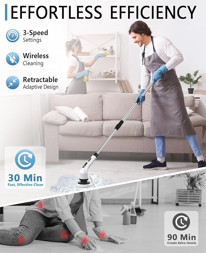 Electric Spin Scrubber Cordless - 3 Speed Rechargeable, Adjustable & Detachable Handle, 9 in 1 Brush Heads Power Scrub Brushes for Cleaning Supplies Shower Bathroom Tub Kitchen Tile Floor