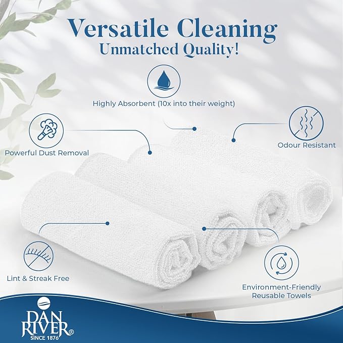 DAN RIVER 24-Pack White Microfiber Towels – Ultra Absorbent, Lint Free Towels & Streak-Free for Home, Car & Kitchen - Must-Have Cleaning Essentials - 12" x 12"