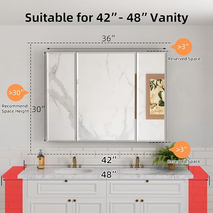 36x30 Inch Medicine Cabinet with Mirror, Aluminum Bathroom Mirror Cabinet, Beveled Edge Mirrored Triple Door, Adjustable Shelves, Surface or Recessed Mount Mirrors with Storage,Black