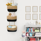 danpinera Over the Door Hanging Baskets for Organizing, 3-Tier Hanging Wall Basket for Storage, Woven Cotton Rope Baskets Storage Decorative for Nursery, Bedroom, Living Room, Kitchen, Jute & Black