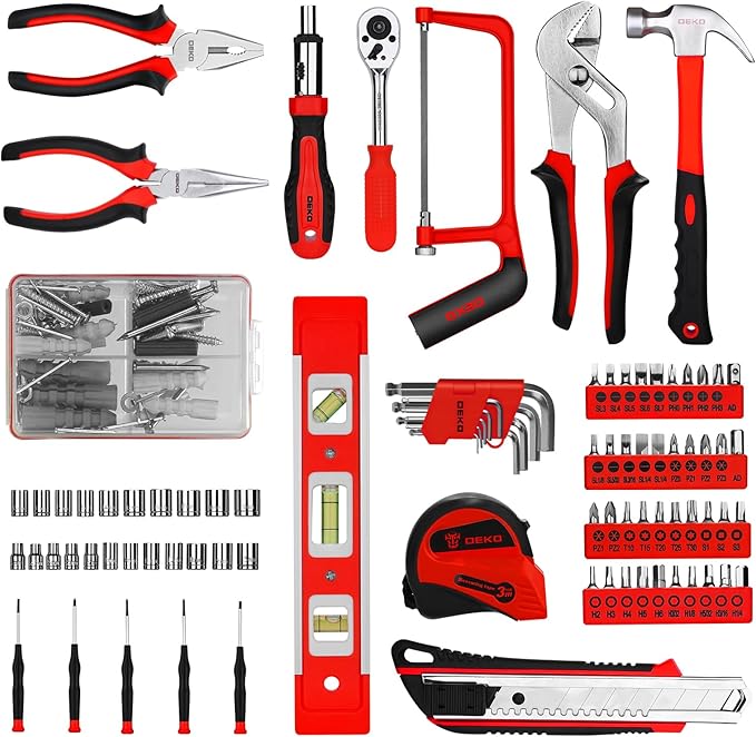 DEKOPRO Tool Set:228 Piece Home Tool Kit, Household Basic Repair Tool Set Comes with Plastic Storage Case, Socket Wrench Set for Car-Red
