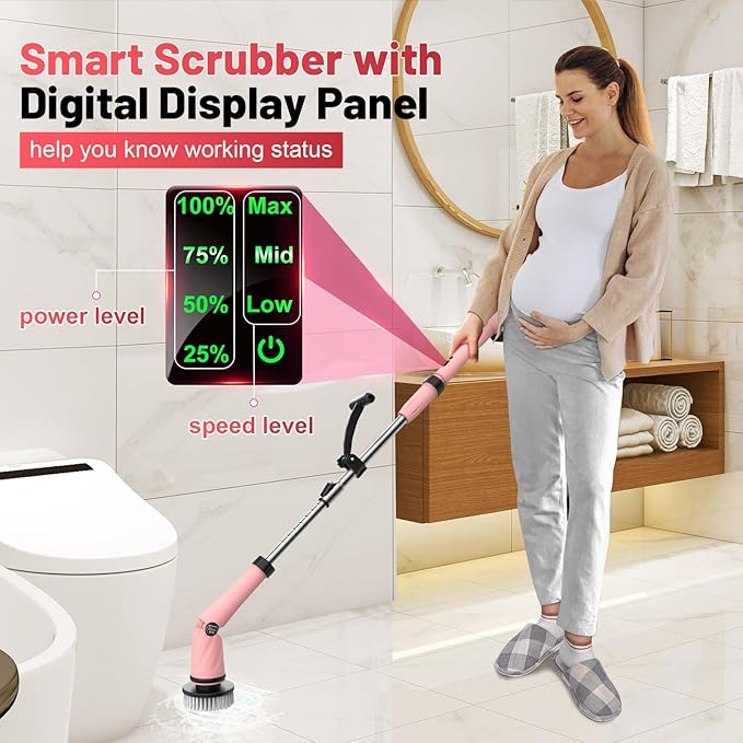 Pink Electric Spin Scrubber High Power 1200rpm, 6000 mAh Electric Scrubber for Cleaning Bathroom, Cordless Shower Scrubber Clean Brush, Floor Scrubber W/8 Brushes Tub Tile House Deep Cleaning