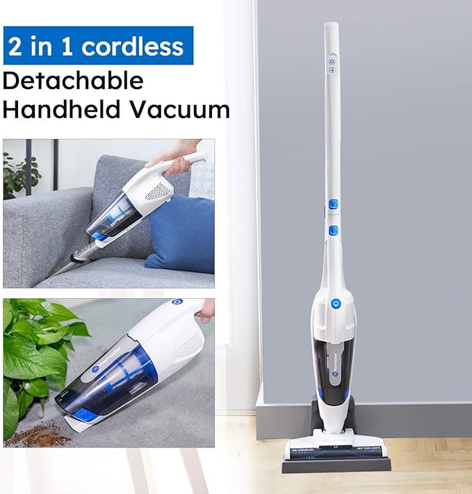 Vacmaster VSD1801 Cordless Handheld & Stick Vacuum Cleaner 2 in 1, Rechargeable Li-ion Battery Powerful Lightweight for Hardwood Floor, Carpet and Pet Hair White