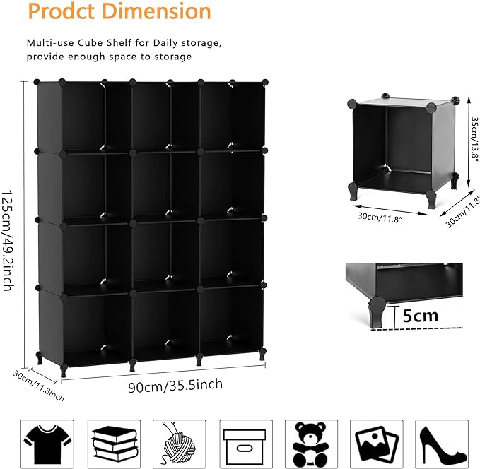 AWTATOS Cube Storage Organizer Closet Storage Shelves DIY Stackable Plastic Storage 12 Cube Bookshelf, Ideal Storage Organizer for Closet, Home, Bedroom, Black
