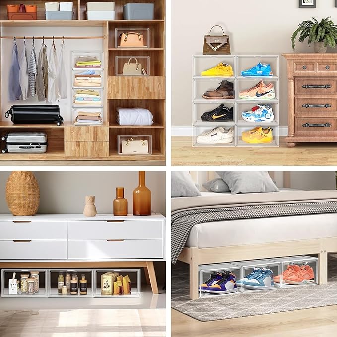 5 Pack X-Large Acrylic Shoe Box Size 14, Clear Sneaker Shoe Display Case Transparent Stackable Storage Box Purse Handbag Organizer, Figure Collectibles Showcase, Fit Underbed, Closet, Bathroom