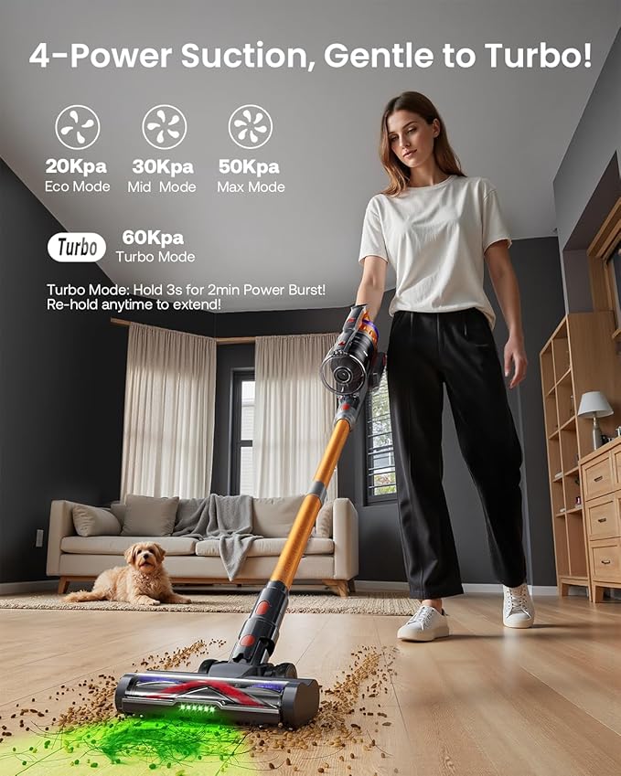 Cordless Vacuum Cleaner for Home, Upgraded 60Kpa Powerful Suction Pet Hair Vacuum with 70min Runtime, Green LED Light for Hardwood Floors & Carpet, Self-Standing Rechargeable Stick Vacuum