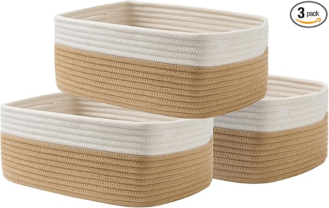 Small Woven Basket, 13.5 x 9.5 x 5 Inches, Storage Basket for Organizing, Cute Small Rope Shelf Closet Cube Storage Bins Baskets for Shelves, Dog Toy Gift Baskets Empty, 3 Pack White & Brown