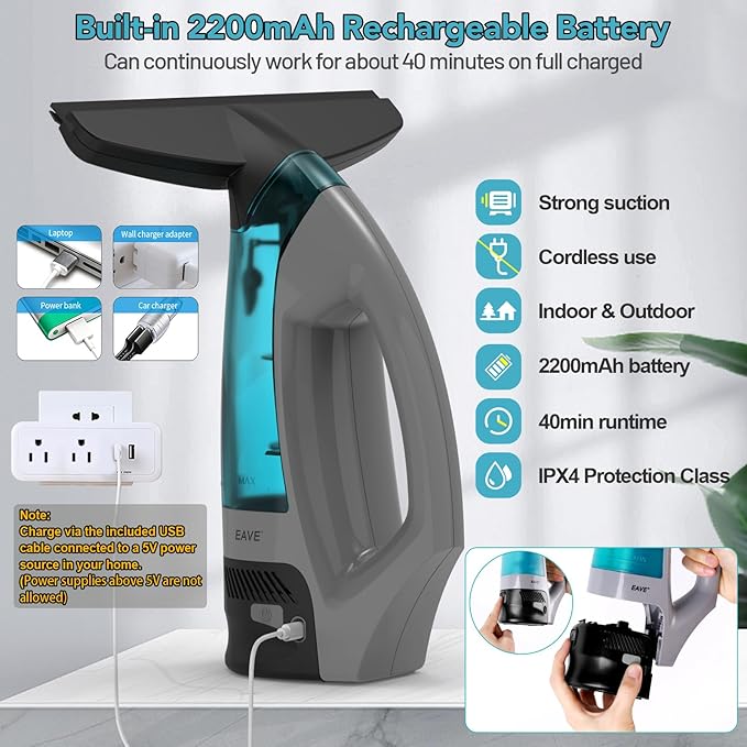 Electric Window Vacuum Squeegee, Cordless Window Vacuum Cleaner, Rechargeable Windows Vac Set, Power Squeegee Windows Vac for Glass, Tiles, Mirrors