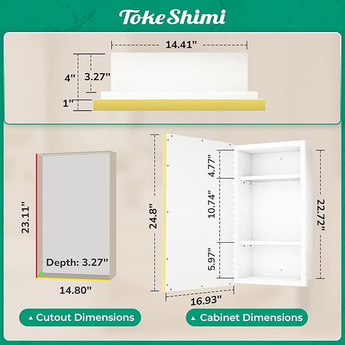 TokeShimi 17x25 Recessed Medicine Cabinet with Mirror Surface Mount, Aluminum Framed Metal White and Gold Medicine Cabinet with Mirrored, Bathroom Beveled Mirror Adjustable Storage