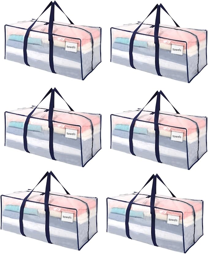 VENO 6 Pack Moving Bags Plastic Storage Totes Clothes Organization Large W Lid/Zipper. Packing Boxes/Bins Alternative. Space Saving Foldable College Supplies Essentials (Clear, 6 Pack)