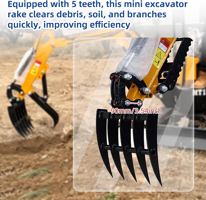Mini Excavator Attachment Rake，Small Diggers Metal Backhoe Rake，3.54" Span, 0.98" Pin Hole，Includes 2 Link Pins，Fit for Mini Excavator