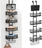 Adjustable Over The Door Organizer, Metal Hanging Door Storage with 4 Metal Baskets and PVC Pocket, Closet Door Organizer for Bathroom Bedroom Cabinet, Black