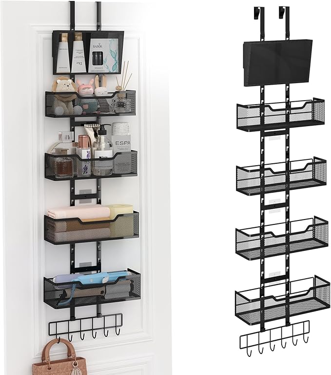 Adjustable Over The Door Organizer, Metal Hanging Door Storage with 4 Metal Baskets and PVC Pocket, Closet Door Organizer for Bathroom Bedroom Cabinet, Black