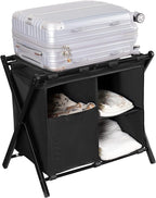 Heybly Luggage Rack with Laundry Bag,Pack of 2,Steel Folding Suitcase Stand with Storage Shelf for Bedroom, Hotel, Foldable Steel Frame, Black,HLR006B2