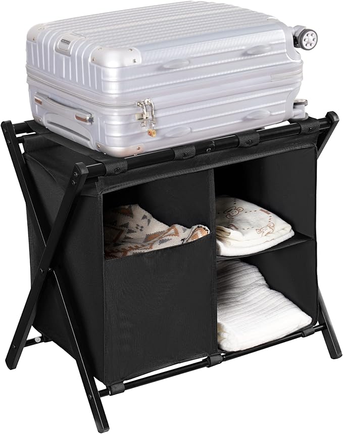 Heybly Luggage Rack with Laundry Bag,Pack of 2,Steel Folding Suitcase Stand with Storage Shelf for Bedroom, Hotel, Foldable Steel Frame, Black,HLR006B2
