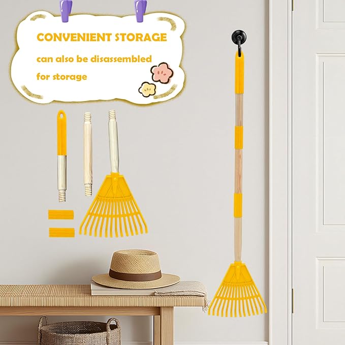 Kids Leaf Rake - 3-Section Adjustable Handle, Lightweight, Wood & Plastic, Small Garden Tool for Children (Yellow)