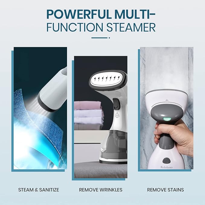 Steamer for Clothes, Kolohoso 1500W Fast Heat Up Handheld Garment Steamer, Portable Travel Clothing Fabric Steamer with Upgraded Nozzle and 260ml Water Tank (Grey)