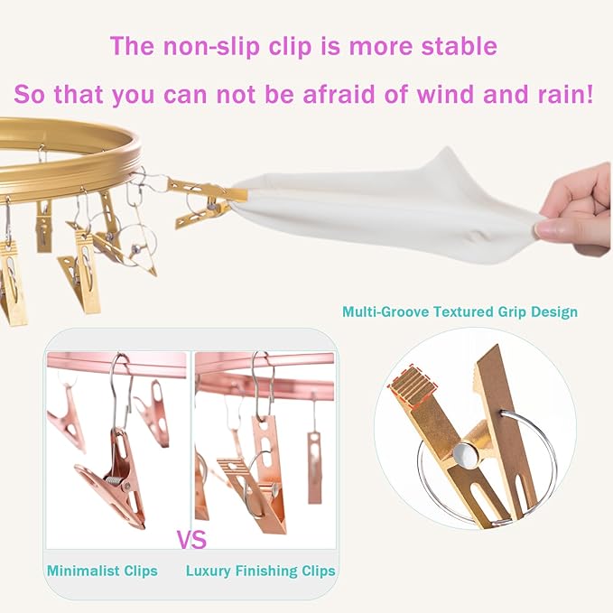 Anodized Aluminum Underwear Drying Rack - 26 Non-Slip Clips, and Wind-Resistant Hook, Laundry Drying for Socks, Baby Clothes, Underwear, and Delicates. Oval & One-Piece Design, (Rose Gold)