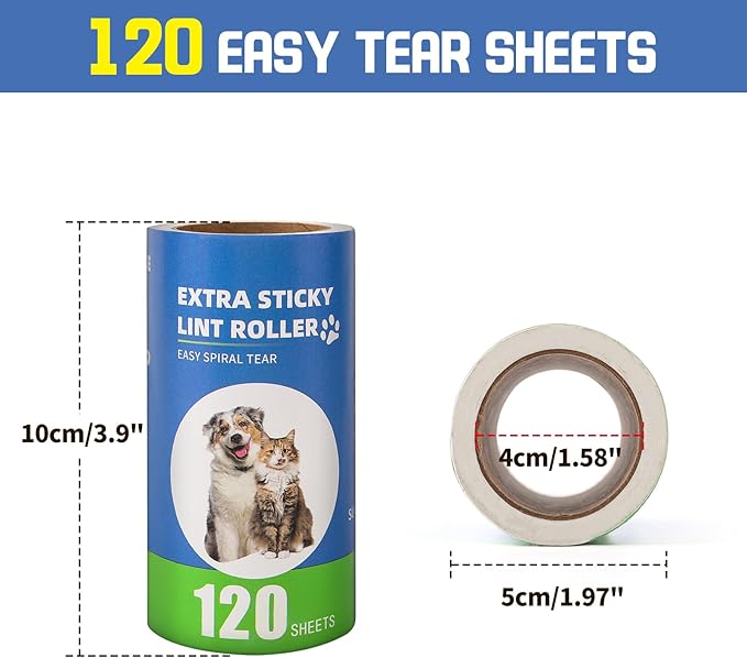 Extra Sticky Lint Roller Refills 6 Pack (720 Sheets) fit 3.8"-4" Standard Size Lint Roller Sticker with Handle, Inner Diameter at 1.5" for Pet Hair, Clothes, Furniture, Cars