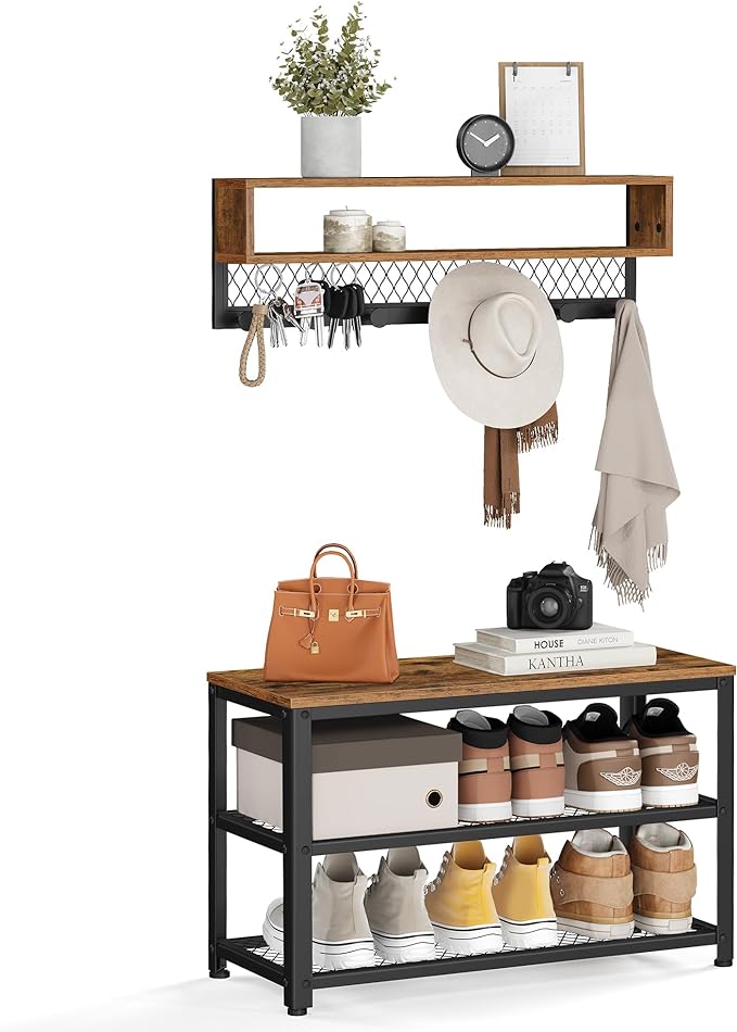 VASAGLE Coat Rack Shoe Bench Set, Hall Tree with Bench, Entryway Furniture, Multifunctional, Dot Coat Hooks, 2-Tier Shoe Rack, Industrial Style, for Entryway, Hallway, Rustic Brown ULCR073K01